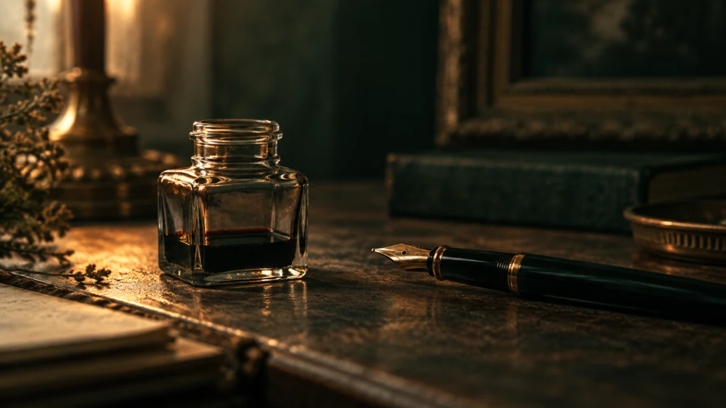 A single, nearly empty inkwell beside a pen resting untouched.