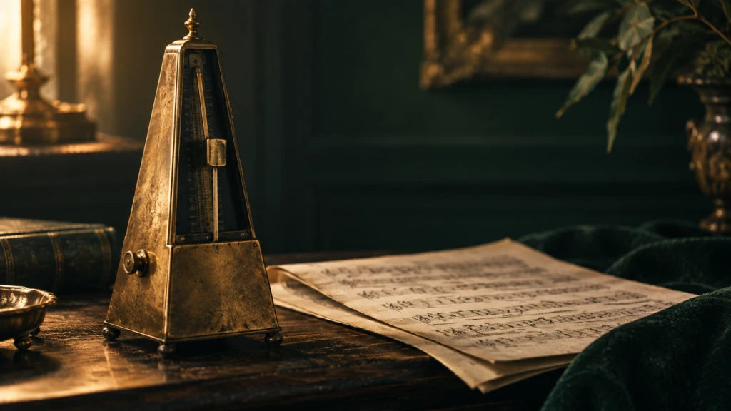 An old brass metronome beside a folded sheet of music, warm side light.