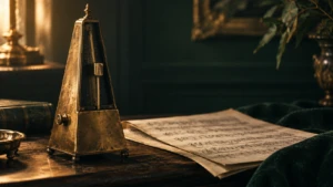 An old brass metronome beside a folded sheet of music, warm side light.