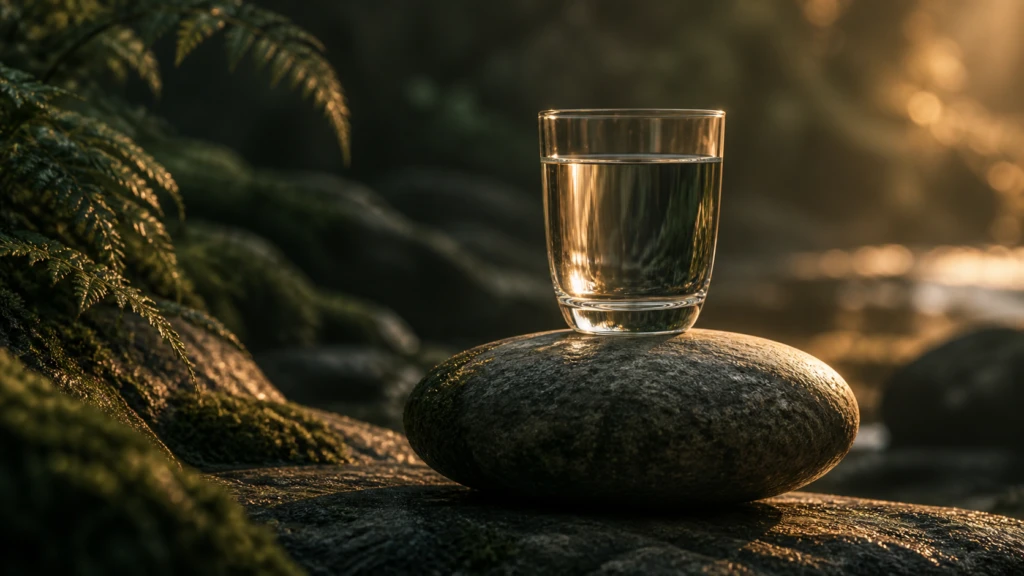 A single still glass of water balanced perfectly on a smooth stone.