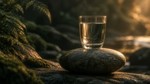 A single still glass of water balanced perfectly on a smooth stone.