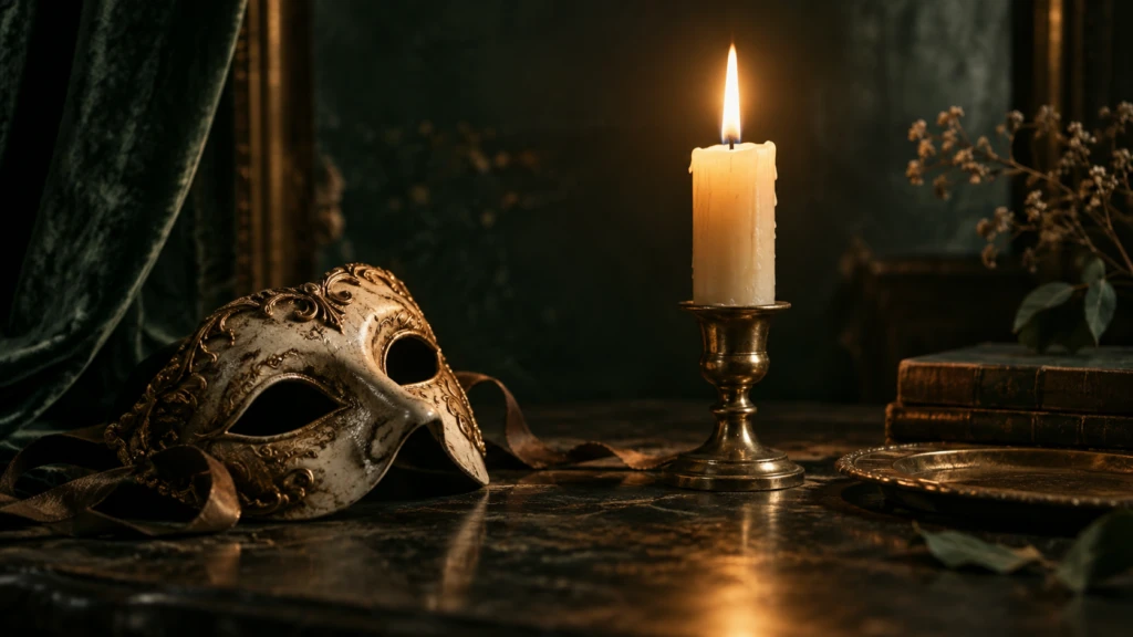 A theatrical mask set aside, a single lit candle standing in its place.