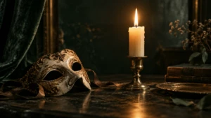 A theatrical mask set aside, a single lit candle standing in its place.