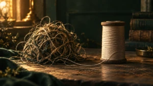 A tangled ball of thread beside a single smooth, unwound spool.