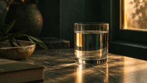 A perfectly still glass of water reflecting a warm window of light.