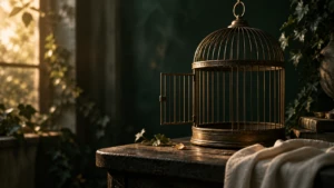 An open birdcage with its door wide open, empty and unguarded.