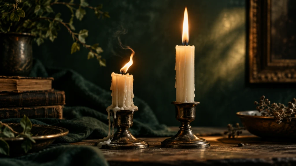 Two candles, one flickering erratically, one burning with a steady, tall flame.