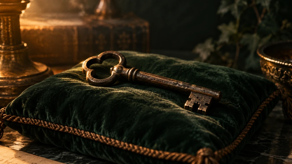 A single old iron key resting on a velvet cushion in warm light.