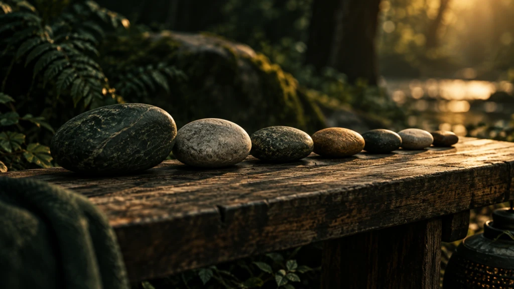 A set of smooth training stones arranged in a neat row on a wooden bench.