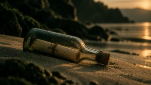 A single sealed bottle with a rolled note inside, resting on calm sand.
