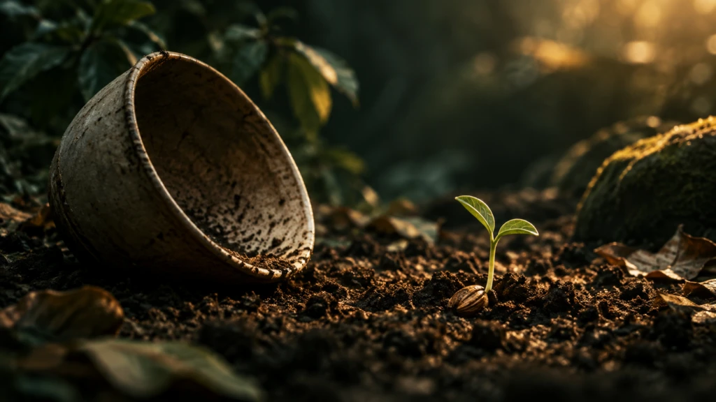 An empty upturned bowl beside a single, freshly planted seed in soil.