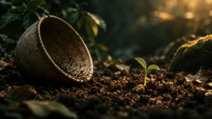 An empty upturned bowl beside a single, freshly planted seed in soil.