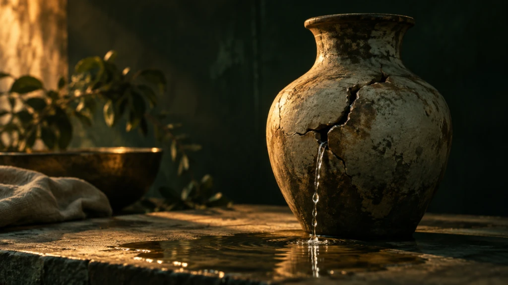 A cracked vessel with a small amount of water slowly leaking from the fracture.