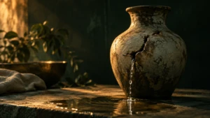 A cracked vessel with a small amount of water slowly leaking from the fracture.