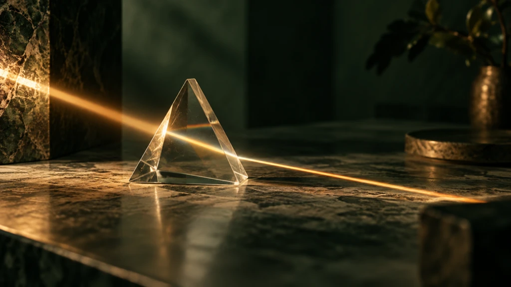 A single beam of light passing cleanly through a clear glass prism, casting a sharp line.