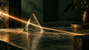 A single beam of light passing cleanly through a clear glass prism, casting a sharp line.