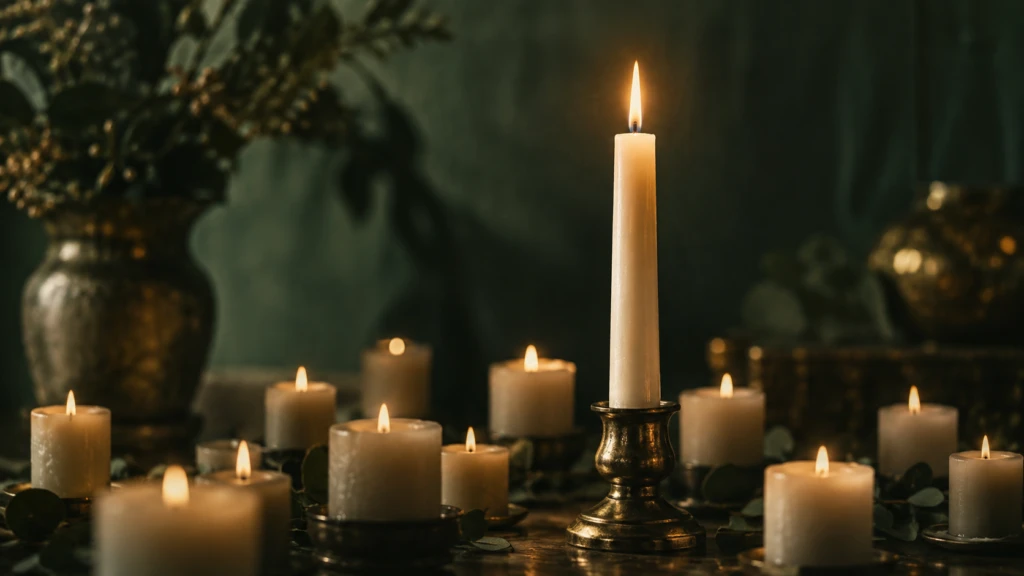 A single tall candle standing steady among many shorter ones.