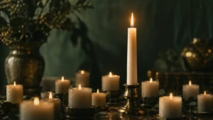 A single tall candle standing steady among many shorter ones.