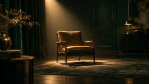 A single spotlight falling on an empty chair in an otherwise dim room.