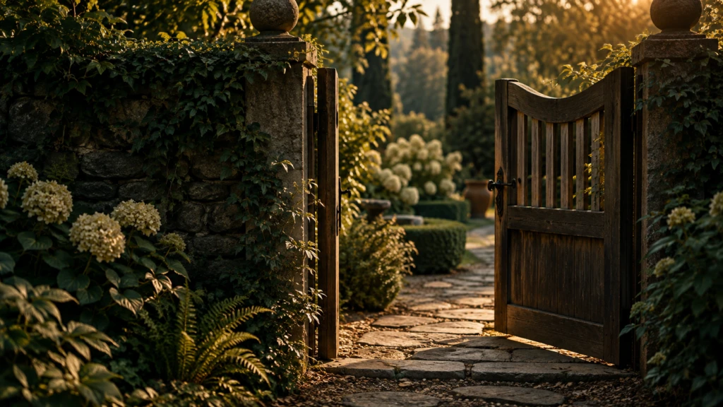 An open gate in a garden fence, nothing forcing entry, just an invitation.