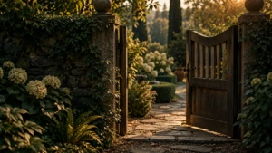 An open gate in a garden fence, nothing forcing entry, just an invitation.