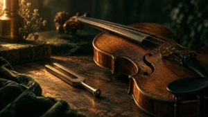 A tuning fork resting beside an old wooden violin, both catching warm light.