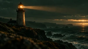 A single lit lighthouse lamp glowing steady against a darkened horizon.