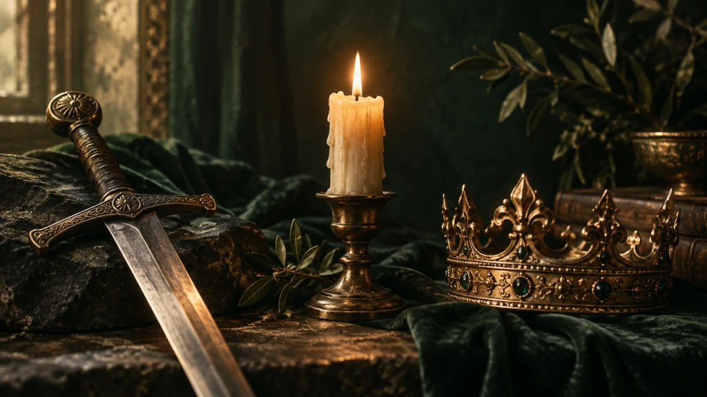 Three distinct objects side by side: a sword, a candle, and a crown, each in warm light.