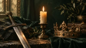 Three distinct objects side by side: a sword, a candle, and a crown, each in warm light.