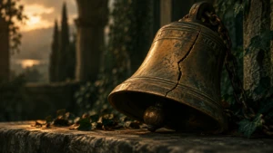 A cracked bell, a fine fracture line visible along its bronze surface.