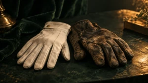 Two mismatched gloves, one formal and one worn, resting side by side.