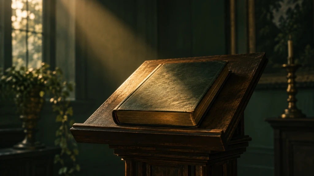 A closed book resting on a lectern, a single beam of light falling across its cover.