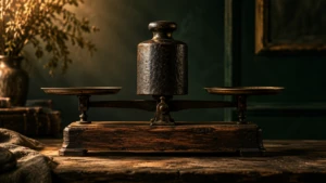 A single large iron weight resting on an old wooden scale, fully balanced.