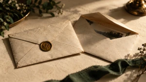 An old sealed envelope beside a second envelope left half-open, on warm bone paper.