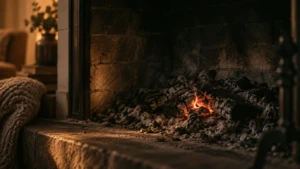 A single glowing ember in a cooling fireplace, most of the fire gone dark.