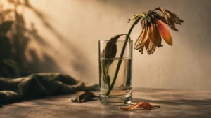 A wilted flower in a glass of water, one petal visibly reviving with color.