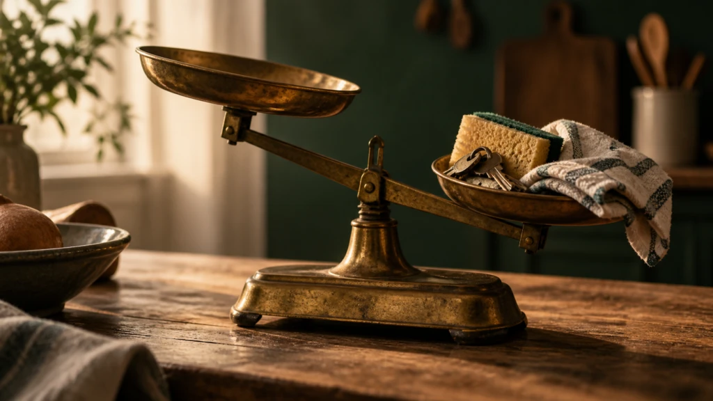 An old brass kitchen scale tipped unevenly, one side loaded with small household objects (keys, a sponge, a folded cloth).