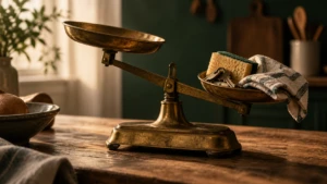 An old brass kitchen scale tipped unevenly, one side loaded with small household objects (keys, a sponge, a folded cloth).