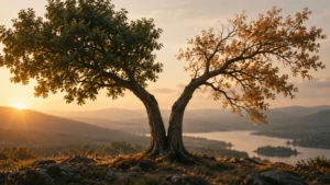 Two trees planted close together, their upper branches growing in visibly opposite directions.