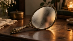 A hand mirror on a warm wooden table, its glass fogged so the reflection is barely visible.