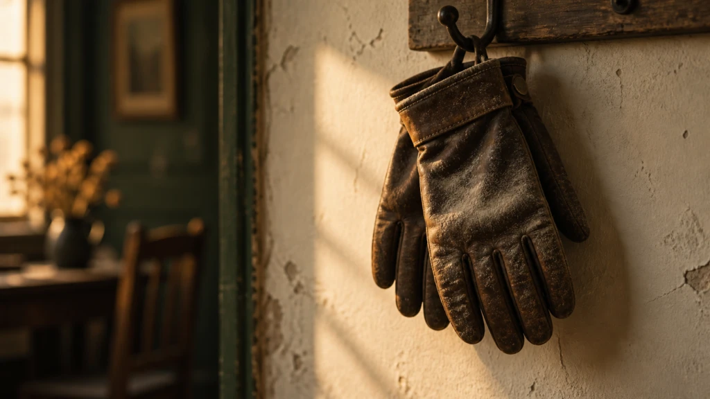 A single pair of old leather gloves hung on a hook, a thin layer of dust settled on them.