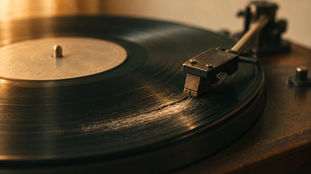 A vinyl record player, the needle resting in a visibly worn, repeated groove.