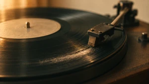A vinyl record player, the needle resting in a visibly worn, repeated groove.