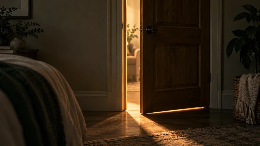 A wooden door left slightly ajar, warm amber light spilling through the narrow gap into a dim room.