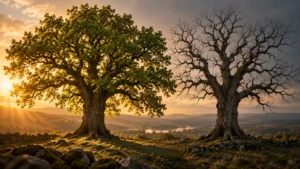 Two old oak trees side by side, one full of new leaves catching light, the other bare and still.