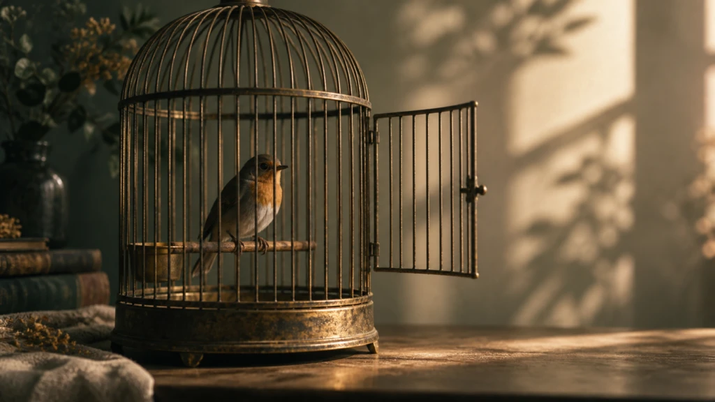 An open birdcage door, with a small bird still perched motionless inside.