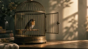 An open birdcage door, with a small bird still perched motionless inside.