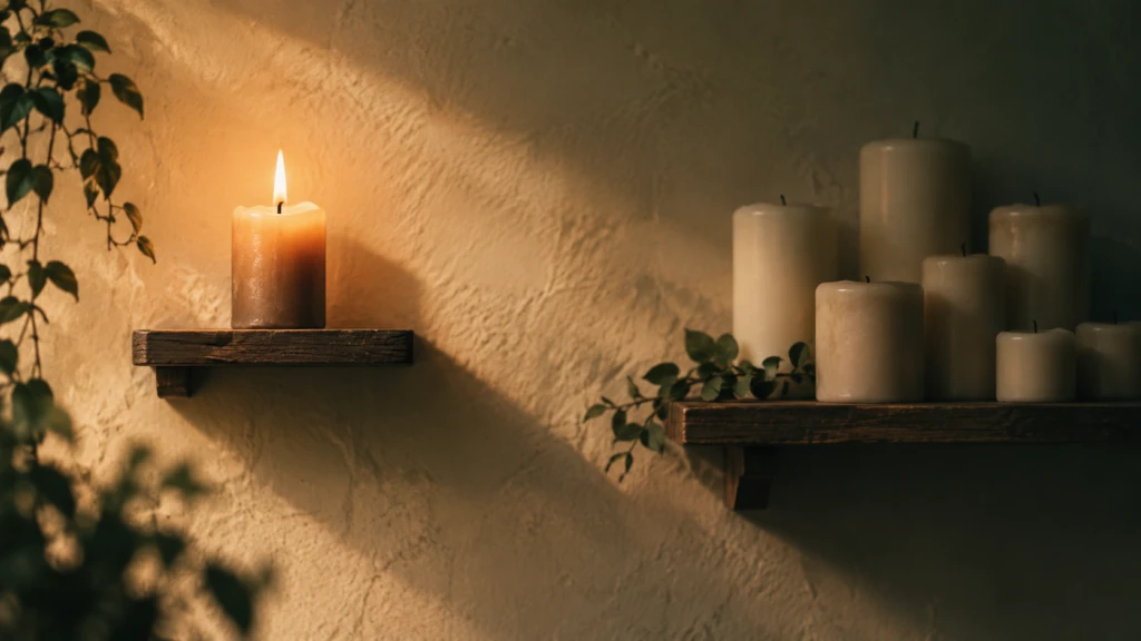 A single lit candle set apart on its own small shelf, away from a cluster of unlit candles.