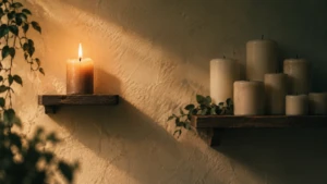 A single lit candle set apart on its own small shelf, away from a cluster of unlit candles.
