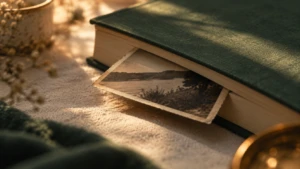 An old photograph tucked halfway inside the pages of a newer book, its corner just visible.